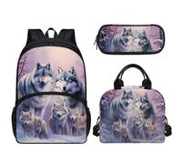 Pzuqiu 3PCS Zaino Studente con Borsa Pranzo Matita Box per Bambini 17 Pollici Elementare Scuola Media Libro Borsa per Teen, Famiglia lupo