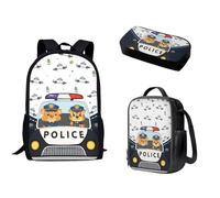 Pzuqiu Borsa per la scuola con borsa per il pranzo e astuccio per ragazze/ragazzi, zaino per studenti, borsa per libri elementari, set da 3 pezzi, Auto della polizia del fumetto