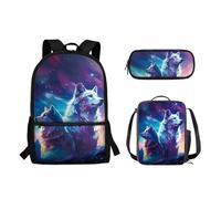 Pzuqiu Borsa per la scuola con borsa per il pranzo e astuccio per ragazze/ragazzi, zaino per studenti, borsa per libri alla moda per bambini, set da 3 pezzi, Lupo del cielo stellato