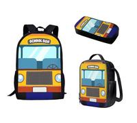 Pzuqiu Borsa per la scuola con borsa per il pranzo e astuccio per studenti, elegante zaino elementare per bambini, set da 3 pezzi, Scuolabus Cartoon