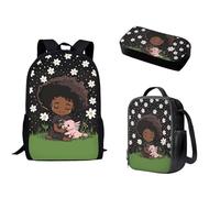 Pzuqiu Borsa per la scuola con borsa per il pranzo e astuccio per studenti, elegante zaino elementare per bambini, set da 3 pezzi, Africano Ragazza Axe Whale