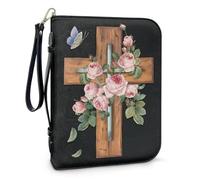 Pzuqiu Copertine per Bibbia da donna, grande custodia per il trasporto con manico, borsa protettiva per la Bibbia della Chiesa cristiana, Croce farfalla rosa, 2XL-12"x9"x2.4"