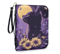 Pzuqiu Copertine per Bibbia da donna, grande custodia per il trasporto con manico, borsa protettiva per la Bibbia della Chiesa cristiana, Gatto Girasole Luna, 2XL-12"x9"x2.4"