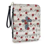 Pzuqiu Copertine per Bibbia da donna, grande custodia per il trasporto con manico, borsa protettiva per la Bibbia della Chiesa cristiana, Croce di rose note musicali, L-10.2"x7"x1.9"