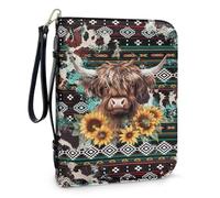 Pzuqiu Copertine per Bibbia da donna, grande custodia per il trasporto con manico, borsa protettiva per la Bibbia della Chiesa cristiana, Girasole mucca azteca, L-10.2"x7"x1.9"