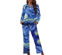 Pzuqiu Pigiama da donna a maniche lunghe con bottoni a 2 pezzi camicia e pantaloni casual loungewear pigiama set XS-4XL, Notte stellata di Van Gogh, XL