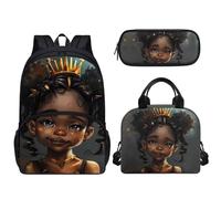 Pzuqiu Set di 3 zaini da 43 cm con borsa per il pranzo e scatola per matite per studenti elementari elementari per campeggio, Principessa africana dei capelli