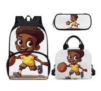 Pzuqiu Set di 3 zaini da 43 cm con borsa per il pranzo e scatola per matite per studenti elementari elementari per campeggio, Ragazzo Di Basket Afric