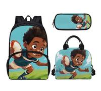 Pzuqiu Set di 3 zaini da 43 cm con borsa per il pranzo e scatola per matite per studenti elementari elementari per campeggio, Rugby Boy