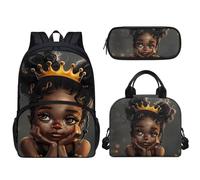 Pzuqiu Set di 3 zaini da 43 cm con borsa per il pranzo e scatola per matite per studenti elementari elementari per campeggio, Incoronata principessa africana