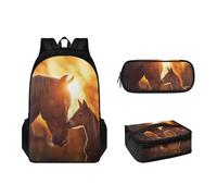 Pzuqiu Set di 3 zaini per bambini, con astuccio e borsa per il pranzo, per ragazzi, set di libri scolastici, Cavallo Tramonto
