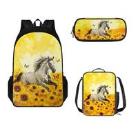 Pzuqiu Set di 3 zaini per bambini, con borsa per il pranzo e astuccio per la scuola, set casual, Cavallo di girasole