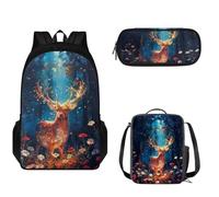 Pzuqiu Set di 3 zaini per bambini, con borsa per il pranzo e astuccio per la scuola, set casual, Cervo lucido