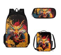 Pzuqiu Set di 3 zaini per bambini, con borsa per il pranzo e astuccio per la scuola, set casual, Drago asiatico