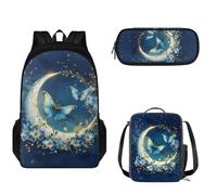 Pzuqiu Set di 3 zaini per bambini, con borsa per il pranzo e astuccio per la scuola, set casual, Luna Farfalla