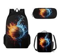Pzuqiu Set di 3 zaini per bambini, con borsa per il pranzo e astuccio per la scuola, set casual, Pallone da basket