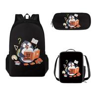 Pzuqiu Set di 3 zaini per bambini, con borsa per il pranzo e astuccio per la scuola, set casual, Pinguino che legge