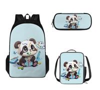 Pzuqiu Set di 3 zaini per bambini, con borsa per il pranzo e astuccio per la scuola, set casual, Simpatico panda