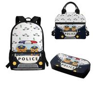 Pzuqiu Set di 3 zaini per bambini con borsa per il pranzo e astuccio, zaino per studenti elementari elementari per campeggio, Auto della polizia del fumetto