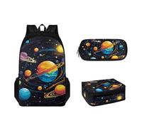 Pzuqiu Set di 3 zaini per bambini, con borsa per il pranzo e portapenne, di grande capacità, per ragazzi, Pianeta Colorato