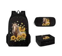 Pzuqiu Set di 3 zaini per bambini, con borsa per il pranzo e portapenne, di grande capacità, per ragazzi, Cavallo di girasole