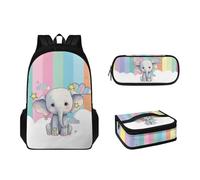 Pzuqiu Set di 3 zaini per bambini, con borsa per il pranzo e portapenne, di grande capacità, per ragazzi, Elefante a righe