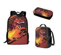 Pzuqiu Set di 3 zaini per bambini con borsa per il pranzo e scatola per matite per studenti elementari elementari per campeggio, Dinosauro Fuoco