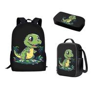 Pzuqiu Set di 3 zaini per bambini con borsa per il pranzo e scatola per matite per studenti elementari elementari per campeggio, Dinosauro cartone animato.