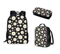 Pzuqiu Set di 3 zaini per bambini, per scuola materna, media, con portapranzo e astuccio per matite, Margherita bianca.