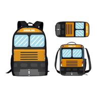 Pzuqiu Set di 3 zaini per la scuola con borsa per il pranzo abbinata e astuccio portapenne, per bambini elementari, elementari, medie, studenti, Camion Cartoon