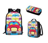 Pzuqiu Set di 3 zaini per la scuola con borsa per il pranzo abbinata e astuccio portapenne, per bambini elementari, elementari, medie, studenti, Macchina dei cartoni animati.