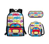 Pzuqiu Set di 3 zaini per la scuola con borsa per il pranzo e portapenne, per bambini, grande capacità, borsa per libri per studenti, Macchina dei cartoni animati.