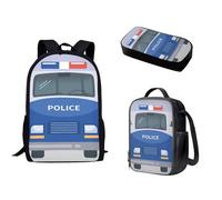 Pzuqiu Set di 3 zaini per la scuola con portapranzo e astuccio per studenti elementari, Auto della polizia del fumetto