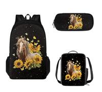 Pzuqiu Set di 3 zaini per la scuola per bambini, 43 cm, zaino per la scuola con borse per il pranzo e astuccio per adolescenti, Cavallo di girasole