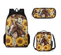 Pzuqiu Set di 3 zaini per la scuola per bambini, 43 cm, zaino per la scuola con borse per il pranzo e astuccio per adolescenti, Girasole Cavallo