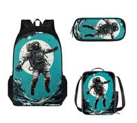 Pzuqiu Set di 3 zaini per la scuola per bambini, 43 cm, zaino per la scuola con borse per il pranzo e astuccio per adolescenti, Astronauta