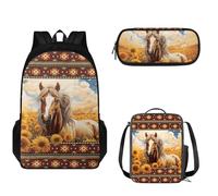 Pzuqiu Set di 3 zaini per la scuola per bambini, alla moda, con astuccio e borsa per il pranzo, set di libri per la scuola per ragazzi, Aztec Girasole Cavallo