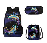 Pzuqiu Set di 3 zaini per la scuola per bambini, alla moda, con astuccio e borsa per il pranzo, set di libri per la scuola per ragazzi, Balena colorata