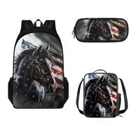 Pzuqiu Set di 3 zaini per la scuola per bambini, alla moda, con astuccio e borsa per il pranzo, set di libri per la scuola per ragazzi, Cavallo Bandiera Americana