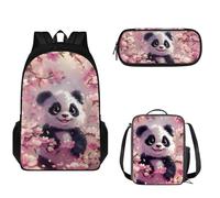 Pzuqiu Set di 3 zaini per la scuola per bambini, alla moda, con astuccio e borsa per il pranzo, set di libri per la scuola per ragazzi, Panda Fiore Rosa