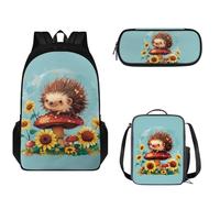 Pzuqiu Set di 3 zaini per la scuola per bambini, alla moda, con astuccio e borsa per il pranzo, set di libri per la scuola per ragazzi, Riccio Girasole