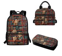 Pzuqiu Set di 3 zaini per la scuola per bambini, alla moda, per studenti primari, medi, con portapranzo e astuccio, Libreria Cat