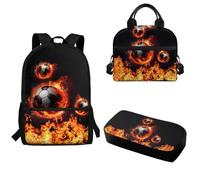 Pzuqiu Set di 3 zaini per la scuola per bambini, alla moda, per studenti primari, medi, con portapranzo e astuccio, Campionato del fuoco