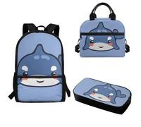 Pzuqiu Set di 3 zaini per la scuola per bambini, alla moda, per studenti primari, medi, con portapranzo e astuccio, Balena