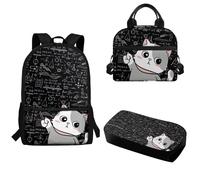 Pzuqiu Set di 3 zaini per studenti con portapranzo e astuccio, per campeggio, comodi zaini per bambini, Insegnante di gatti
