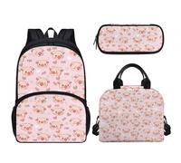 Pzuqiu Set di 3 zaini per studenti con portapranzo e astuccio per matite da 43,2 cm, zaino portatile per bambini, Carino Piggy