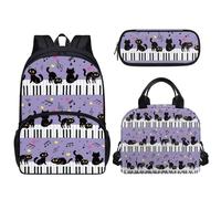 Pzuqiu Set di 3 zaini per studenti con portapranzo e astuccio per matite da 43,2 cm, zaino portatile per bambini, Gatto Piano