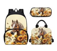 Pzuqiu Set di 3 zaini scolastici per bambini, grande capacità, con portapranzo e custodia per penne, per studenti elementari elementari, Cavallo di girasole