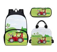 Pzuqiu Set di 3 zaini scolastici per bambini, grande capacità, con portapranzo e custodia per penne, per studenti elementari elementari, Trattore Mucca