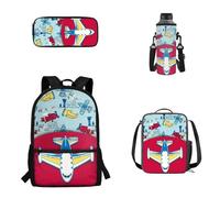 Pzuqiu Set di 4 zaini da scuola con borsa per il pranzo, astuccio per penne e coperchio per tazza d'acqua, per bambini e studenti elementari, Aereo Cartoon